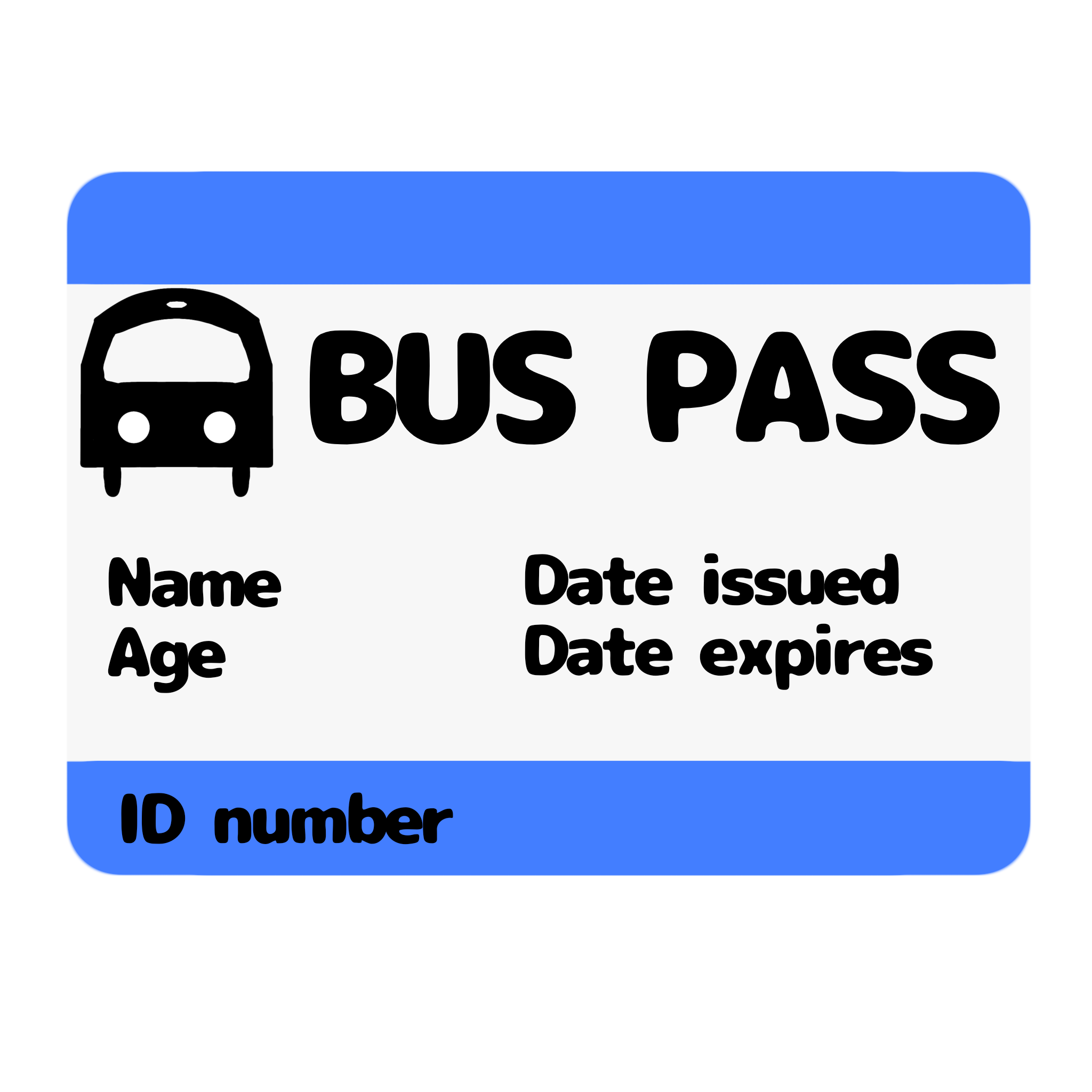 a blue and white bus pass card.